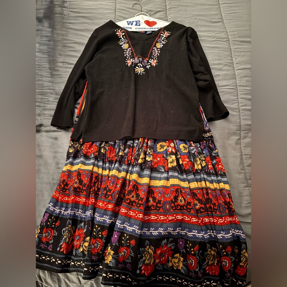 Black and Multicolor top and skirt.